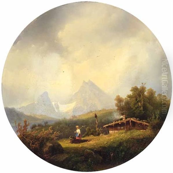 Sennerin Und Senner Auf Einer Hochalm Oil Painting by Carl Triebel