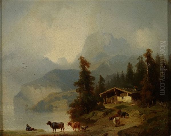 Gebirgslandschaft In Den Alpen Mit See, Gehoft Und Tieren Auf Dem Weg Zur Weide Oil Painting by Carl Triebel