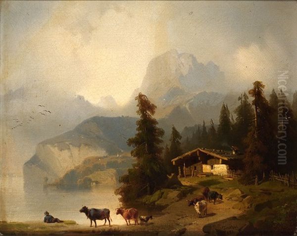 Gebirgslandschaft In Den Alpen Mit See, Gehoft Und Tieren Auf Dem Weg Zur Weide Oil Painting by Carl Triebel