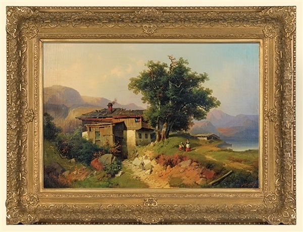 House At A Lake Oil Painting by Carl Triebel