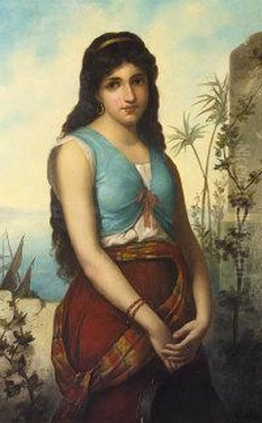 Portrait Of A Girl With A Tambourine, Against A Coastal Landscape Oil Painting by Anton Brentano