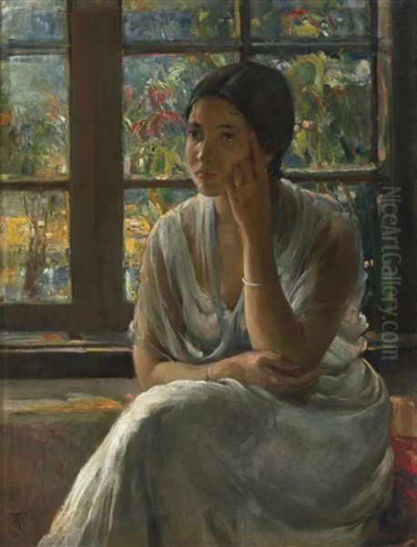 Girl At Window Oil Painting by Antonio Xavier Trindade