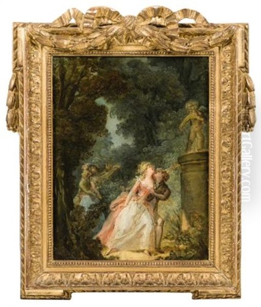 Lovers In Front Of A Statue Of Cupid Lovers With A Child (a Pair) Oil Painting by Louis Rolland Trinquesse