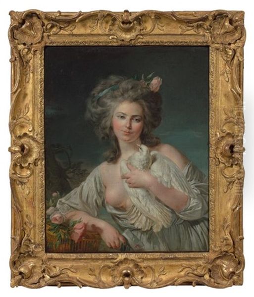 Jeune Femme Au Panier De Roses Et A La Colombe Oil Painting by Louis Rolland Trinquesse