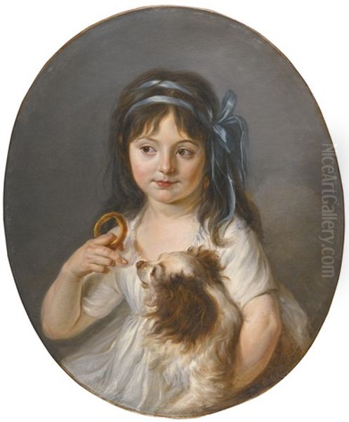 Portrait Of A Girl Offering A Biscuit To Her Spaniel Oil Painting by Louis Rolland Trinquesse