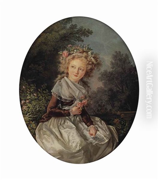 Portrait Of A Girl, Three-quarter Length, In A Silk Dress Holding A Sheet Of Music And A Sprig Of Roses, Seated In A Landscape Oil Painting by Louis Rolland Trinquesse