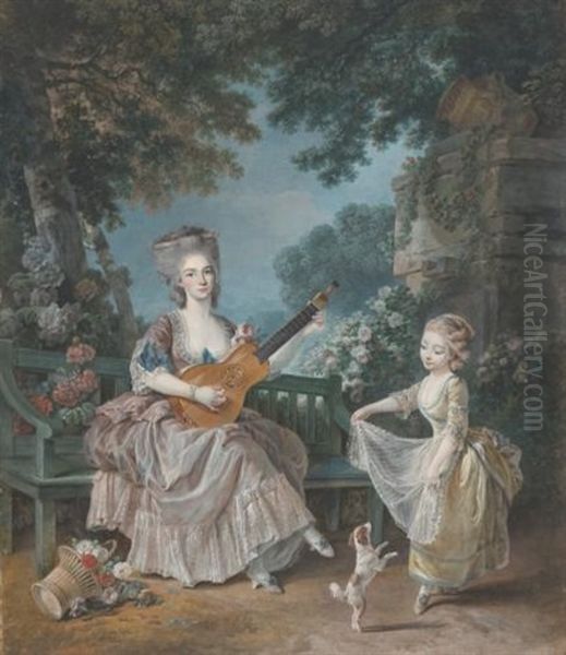 A Lady Playing Guitar And A Child Playing With A Dog In A Garden Oil Painting by Louis Rolland Trinquesse