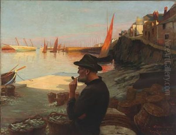 Fisherman Overlooking The Harbor In The Evening Sun Oil Painting by Eugene Louis Leopold Tripard