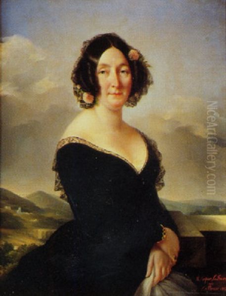 Portrait De Femme A La Robe De Dentelle Noire Et A La Mantille Sur Fond De Paysage Oil Painting by Eugenie Tripier Lefranc