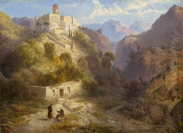 Italienische Berglandschaft Mit Kloster, Im Vordergrund Zwei Franziskanermonche Oil Painting by Albert Ludwig Trippel