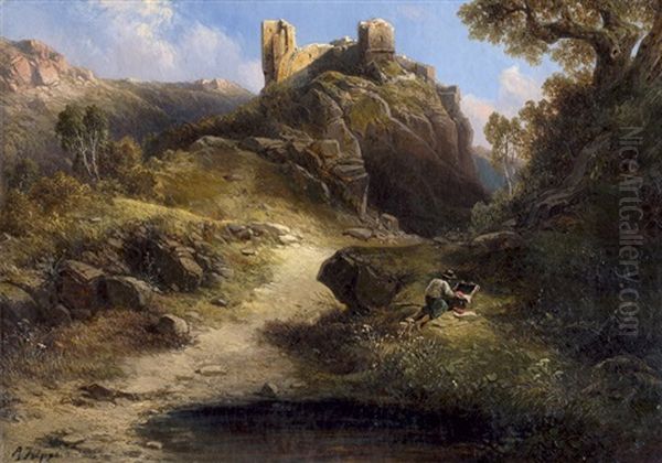 Romantische Felsenlandschaft Mit Burgruine Oil Painting by Albert Ludwig Trippel