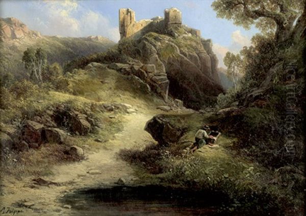 Burgruine In Felsiger Landschaft, Im Vordergrund Ein Maler Beim Verpacken Seiner Utensilien Oil Painting by Albert Ludwig Trippel