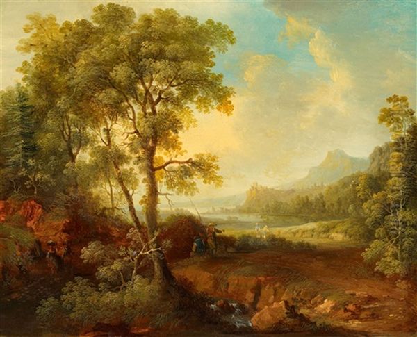 A Panoramic River Landscape Oil Painting by Leonhard Trippel