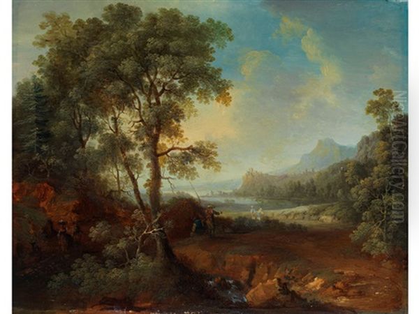 Baumlandschaft Mit Flusslauf, Burgruine Und Figurenstaffage Oil Painting by Leonhard Trippel