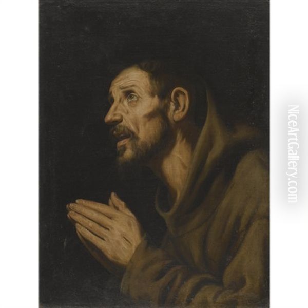 Franciscan Friar At Prayer Oil Painting by Luis Tristan De Escamilla