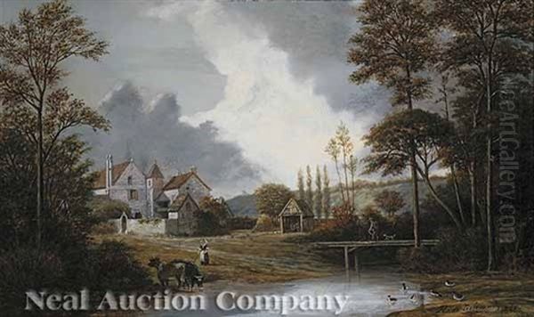 Cattle By A Farmyard Pond, A Manor House In The Distance Oil Painting by Philippe Regis de Trobriand