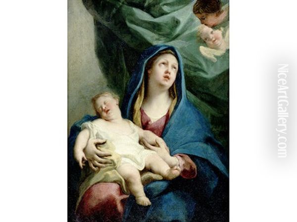 The Madonna And Child Before A Green Curtain Oil Painting by Paul Troger