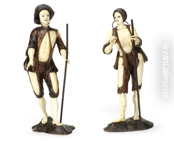 A Pair Of Austrian Mid-18th Century Ivory And Fruitwood Beggars Oil Painting by Simon Troger