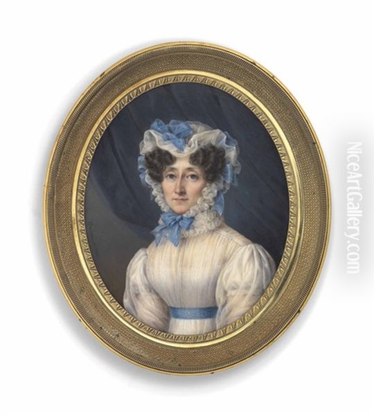 A Lady, In White Dress With Blue Sash, Wearing A White Gauze Cap With Blue Ribbons, Blue Curtain Background Oil Painting by Jean Baptiste Desire Troivaux