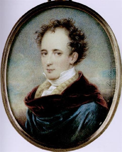 Junger Herr Mit Gelocktem Haar, Weisem Hemd, Vatermorderkragen, Jacke Mit Modischen Zebrastreifen Und Schultertuch Oil Painting by Jean Baptiste Desire Troivaux