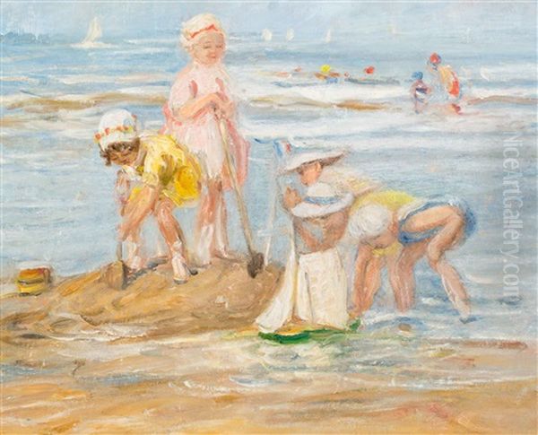 Children On The Beach Oil Painting by Johann Jan Zoetelief Tromp