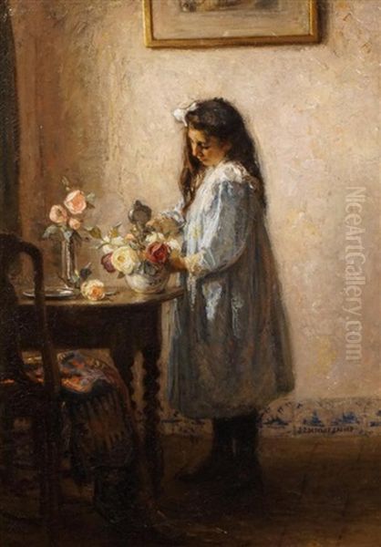 Girl Standing Beside A Table With A Flower Vase Oil Painting by Johann Jan Zoetelief Tromp