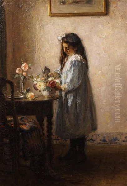 Girl Standing Beside A Table With A Flower Vase Oil Painting by Johann Jan Zoetelief Tromp