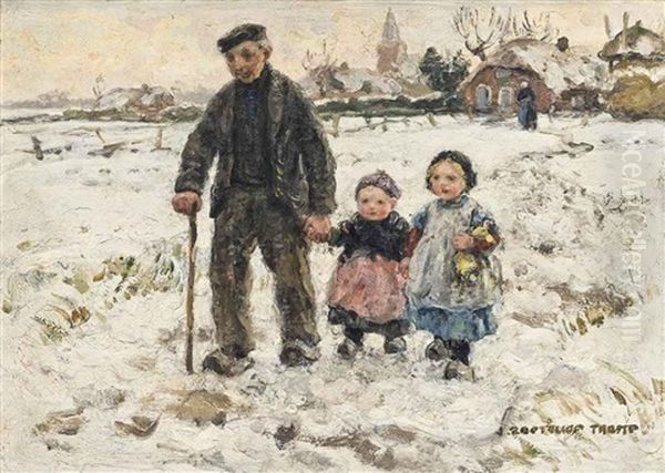 A Winter Walk With Grandpa Oil Painting by Johann Jan Zoetelief Tromp