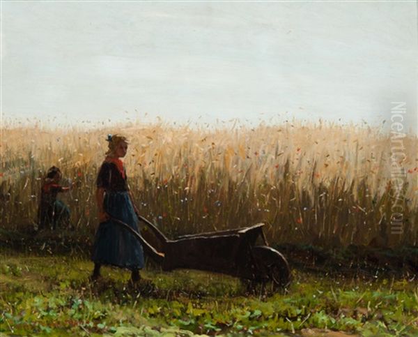 Girls Walking In A Field With A Wheelbarrow Oil Painting by Johann Jan Zoetelief Tromp