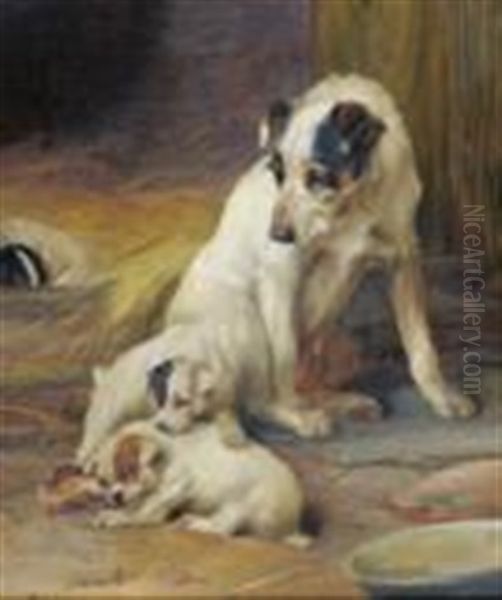 Jack Russell Terrier With Her Pups Beside A Kennel Oil Painting by William Henry Hamilton Trood