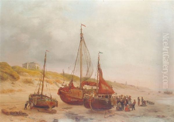 Numerous Fisherfolk And A Fishing Fleet Near Paviljoen Von Wied, Scheveningen In The Distance Oil Painting by Willem Troost the Younger