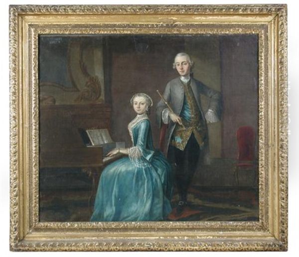 Follower Of Cornelis Troost Portrait Of A Lady Seated At A Harpsichord , With A Gentleman Holding A Flute Oil Painting by Cornelis Troost