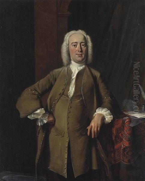 Portrait Of A Gentleman Traditionally Identified As Philips Zweerts (1704-1774), Three-quarter-length, In A Green Coat And White Stocking, His Left Elbow Resting On A Draped Table With Letters, Standing In An Interior Oil Painting by Cornelis Troost