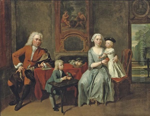 A Family Portrait Of A Gentleman, His Wife Handing An Apple To The Daughter And Their Son Feeding A Parrot Oil Painting by Cornelis Troost