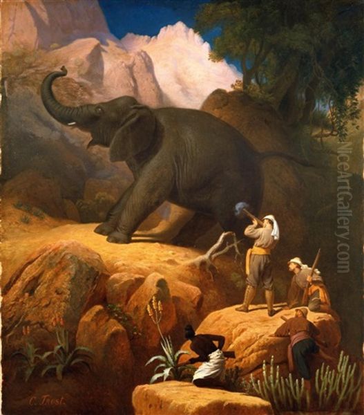 Le Duc Ernst Ii Von Sachsen-coburg-gotha Chassant Les Elephants Dans La Vallee De Ras Dashein En Ethiopie Oil Painting by Carl Trost