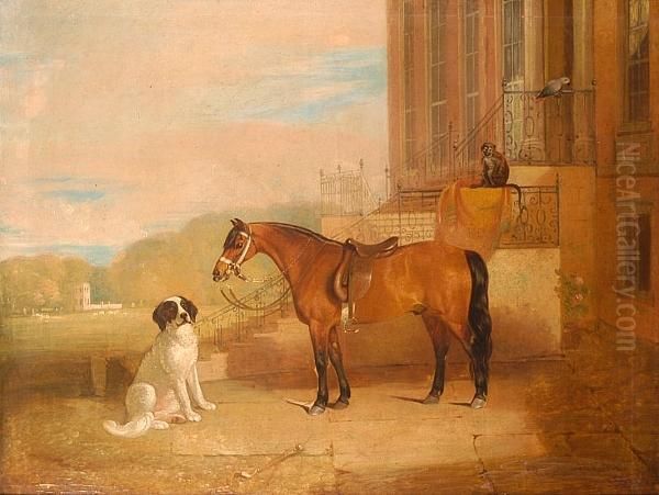 Family Pets Before Melton Constable Hall Oil Painting by Robert Brereton