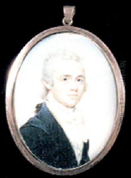 A Gentleman With Powdered Hair En Queue, Wearing Blue Coat, Pale Grey Waistcoat And Tied White Cravat Oil Painting by Benjamin Trott