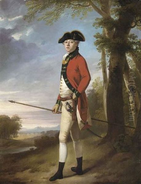 Portrait Of An Officer Of An Irish Volunteer Regiment In A Wooded Landscape, Holding A Spontoon Oil Painting by John Trotter