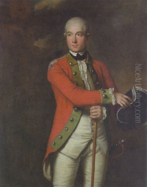 Portrait Of An Officer In Scarlet Uniform With Green Facings, Holding A Cane In His Right Hand In A Landscape Oil Painting by John Trotter