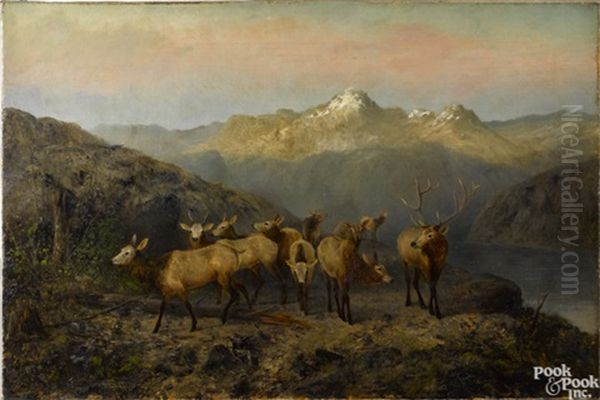 Mountain Landscape With Elk Oil Painting by Newbold Hough Trotter