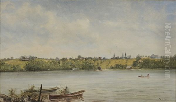 Lake Englesmere, Landscape With Figure In Boat, Farms On The Shore Oil Painting by Newbold Hough Trotter