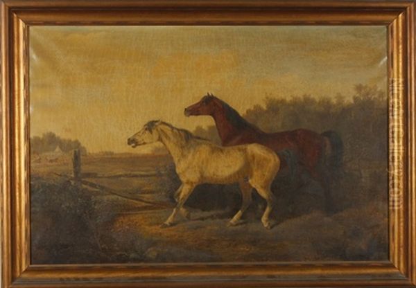 Pair Of Calvary Horses With American Military Encampment In Distance Oil Painting by Newbold Hough Trotter