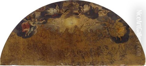 The Holy Trinity With Angels, Putti And A Congregation Of Saints Oil Painting by Giovan-Battista (Il Malosso) Trotti