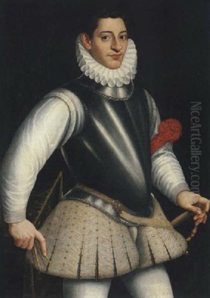 Portrait Of A Gentleman Wearing Armour And A Ruff, A Red Ribbon Tied To His Left Arm Oil Painting by Giovan-Battista (Il Malosso) Trotti