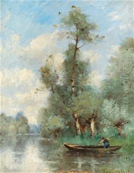 Fishermen On The Banks Of A River Oil Painting by Paul Desire Trouillebert