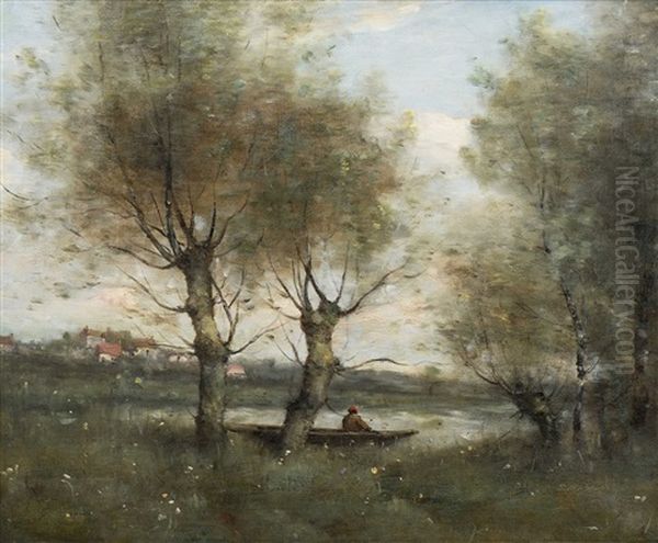 Bord De Riviere Avec Barque Et Pecheur Oil Painting by Paul Desire Trouillebert