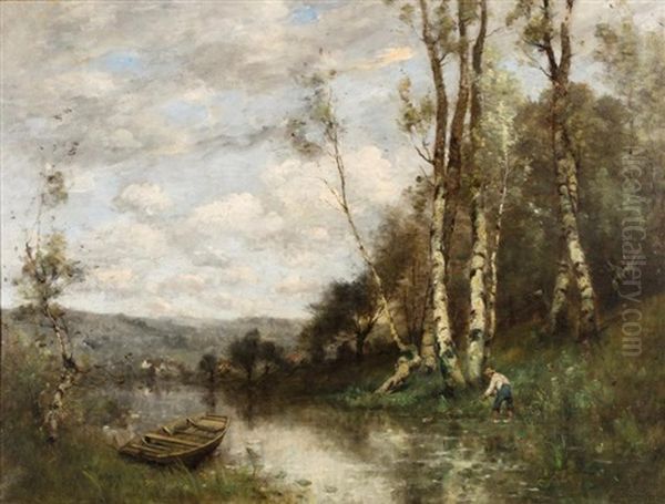 Au Bord De La Riviere, Le Pecheur A La Ligne Oil Painting by Paul Desire Trouillebert