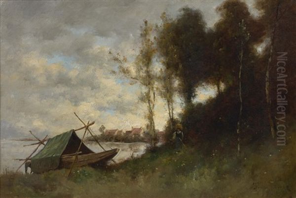 Barque Au Bord D'une Riviere Oil Painting by Paul Desire Trouillebert