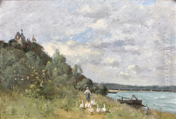 Gardienne D'oies Au Bord D'une Riviere Oil Painting by Paul Desire Trouillebert