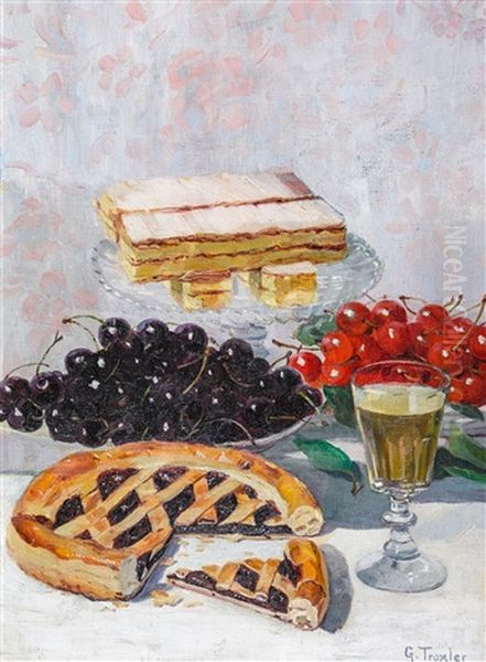 Stillleben Mit Kirschen, Linzertorte Und Millefeuille Oil Painting by Georges Troxler